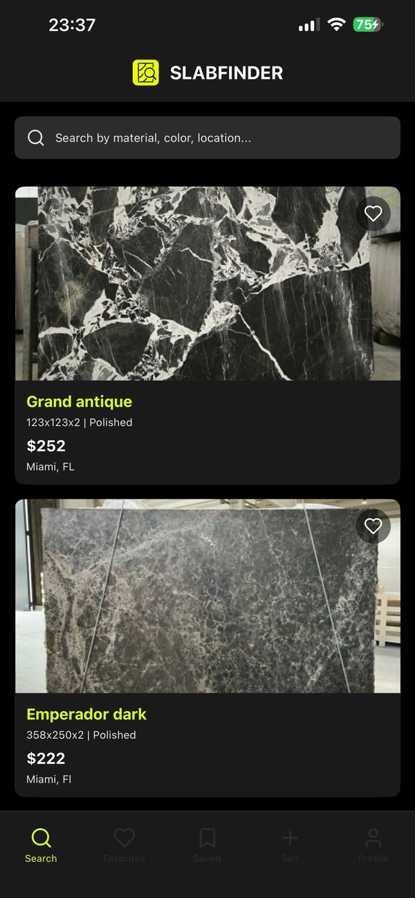 SlabFinder app — search screen with slab listings